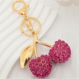 Pink rhinestone cherry and gold bag charm for your coach purse accessories
